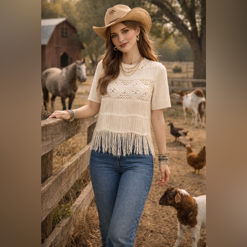 Jonathan Simkhai Delphine Macrame Knit Ivory Boho Short Sleeve Blouse Top Size S